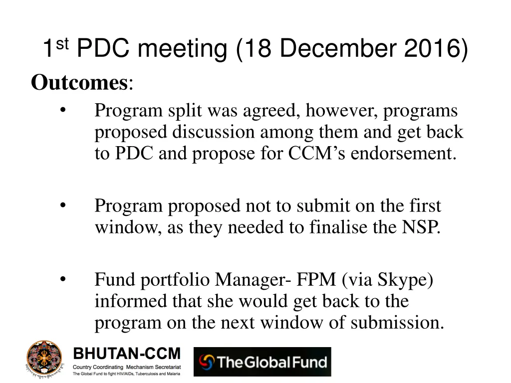 1 st pdc meeting 18 december 2016 outcomes
