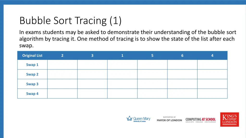 bubble sort tracing 1 in exams students
