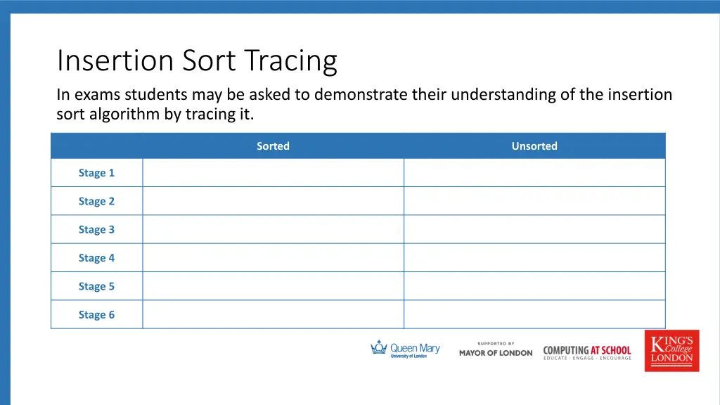insertion sort tracing in exams students