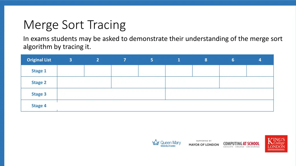 merge sort tracing in exams students may be asked