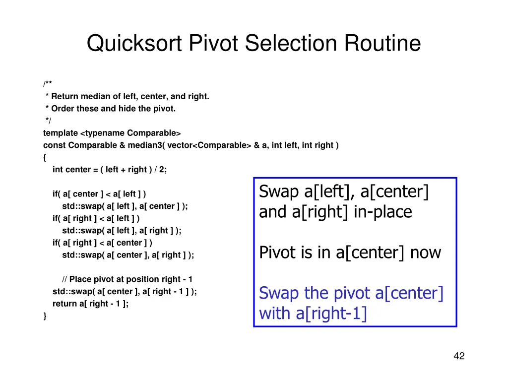 quicksort pivot selection routine