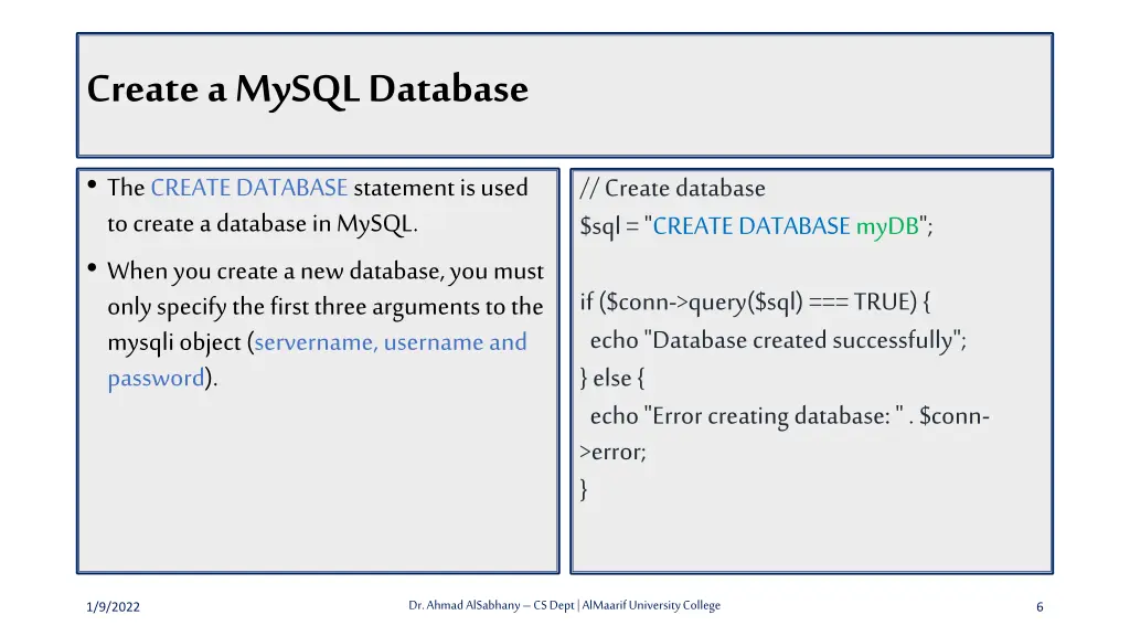 create a mysql database