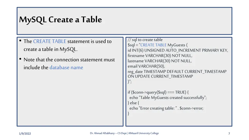 mysql create a table