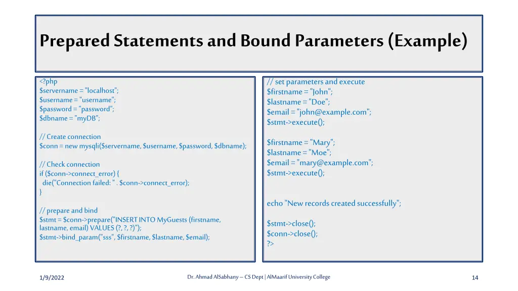 prepared statements and bound parameters example