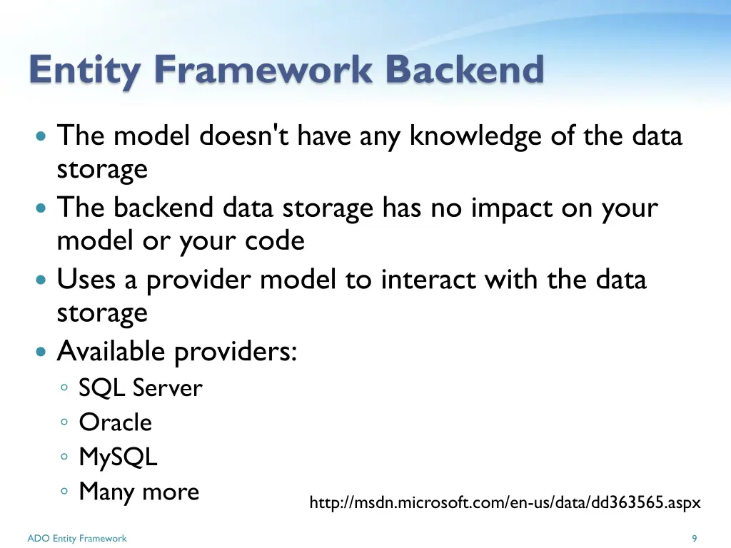 entity framework backend