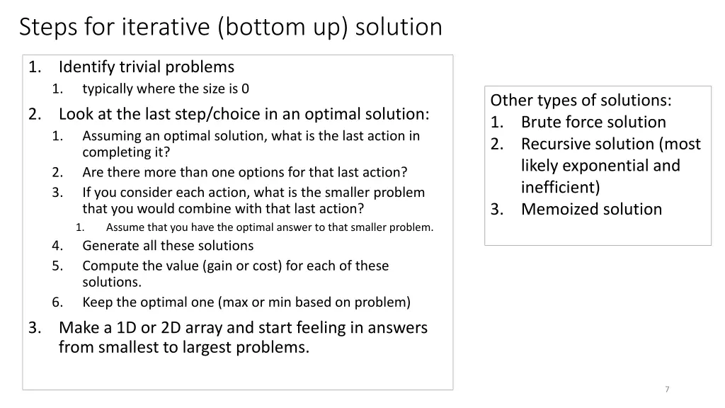 steps for iterative bottom up solution