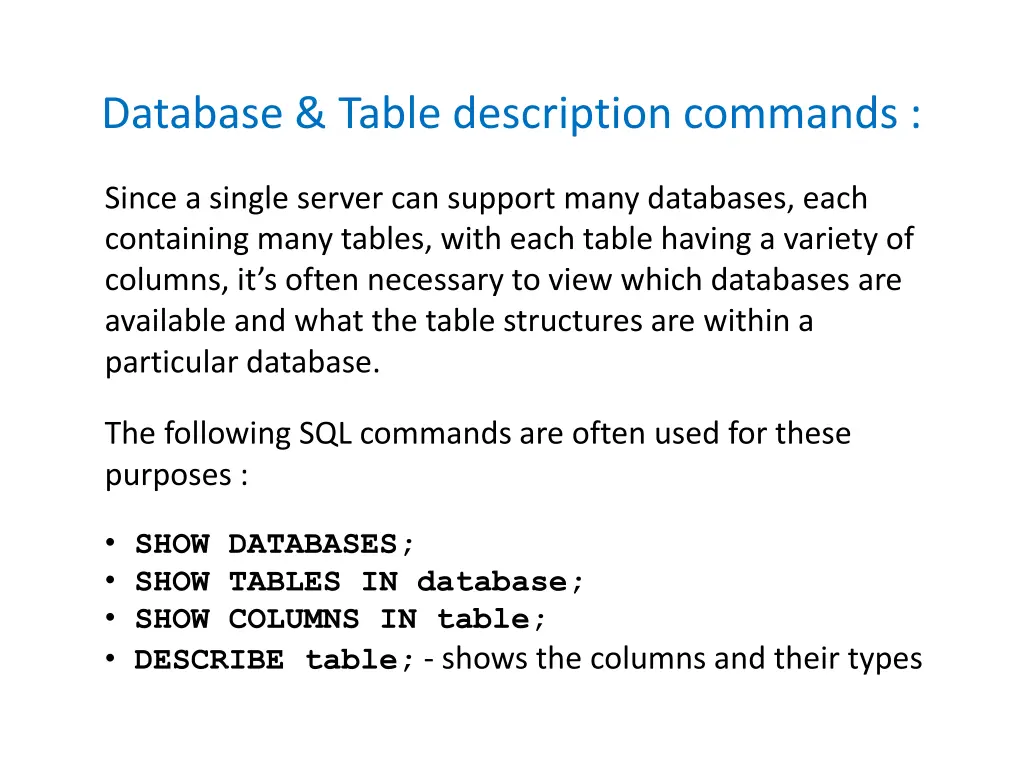 database table description commands