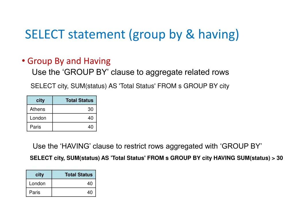 select statement group by having