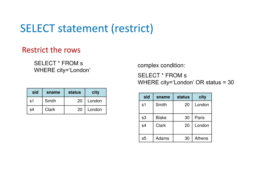 select statement restrict