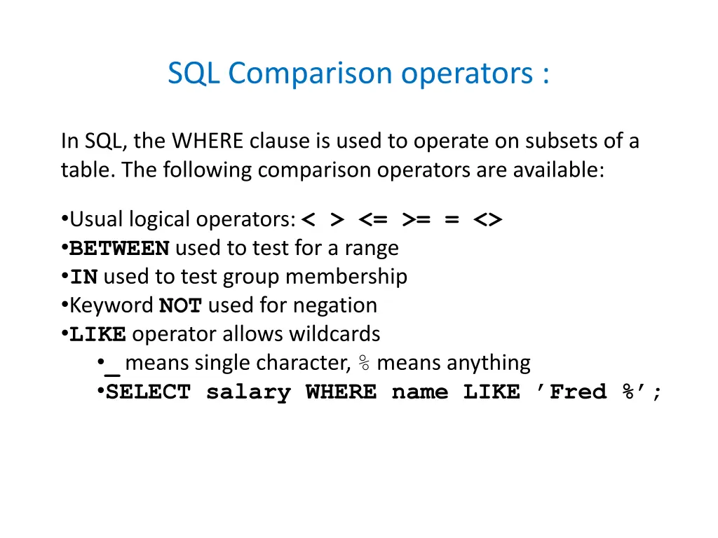 sql comparison operators