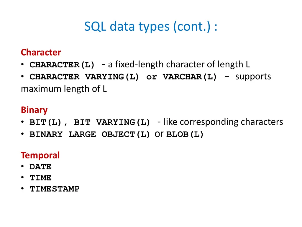 sql data types cont