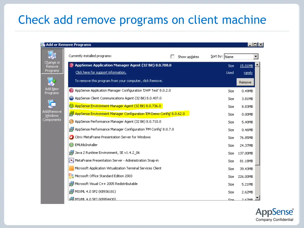 check add remove programs on client machine