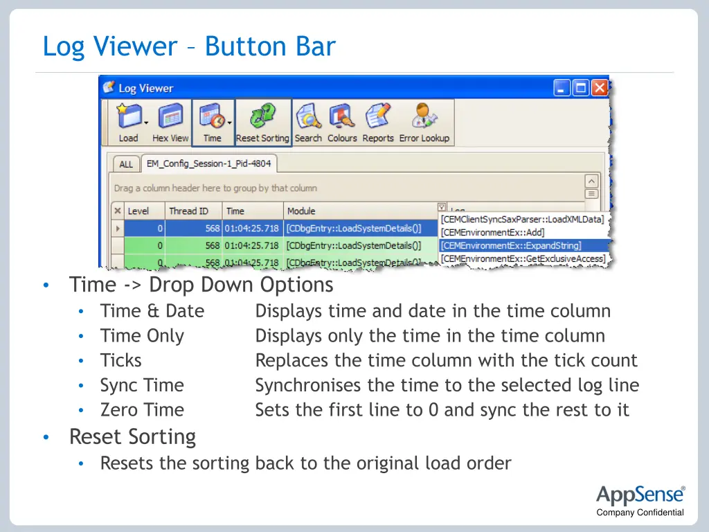 log viewer button bar