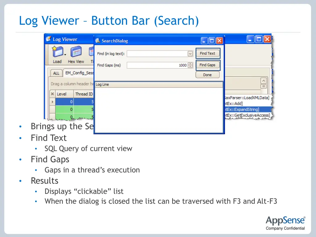 log viewer button bar search