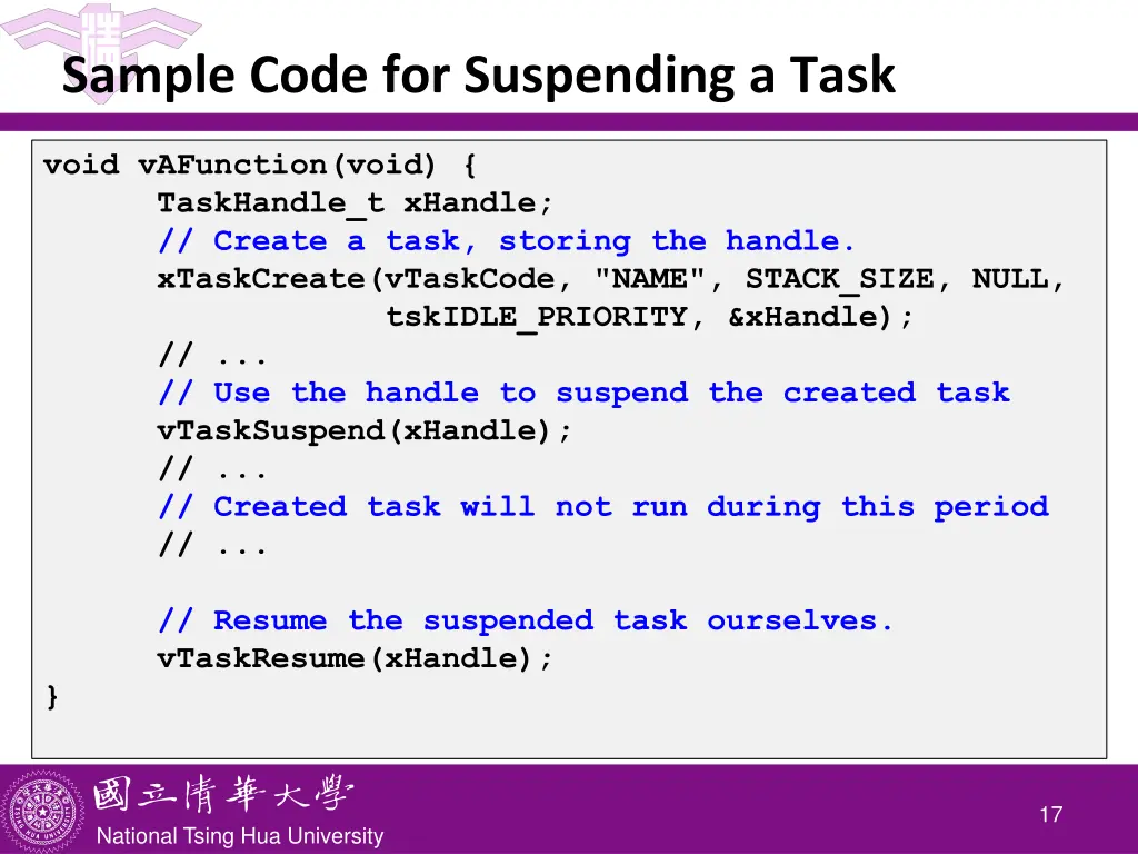 sample code for suspending a task