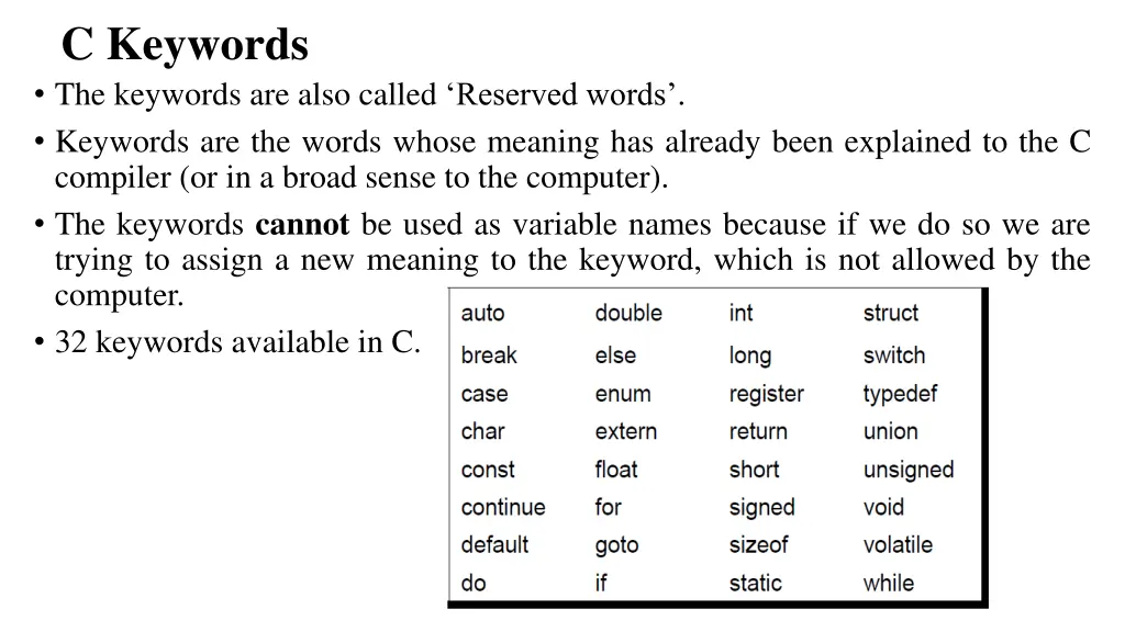 c keywords the keywords are also called reserved