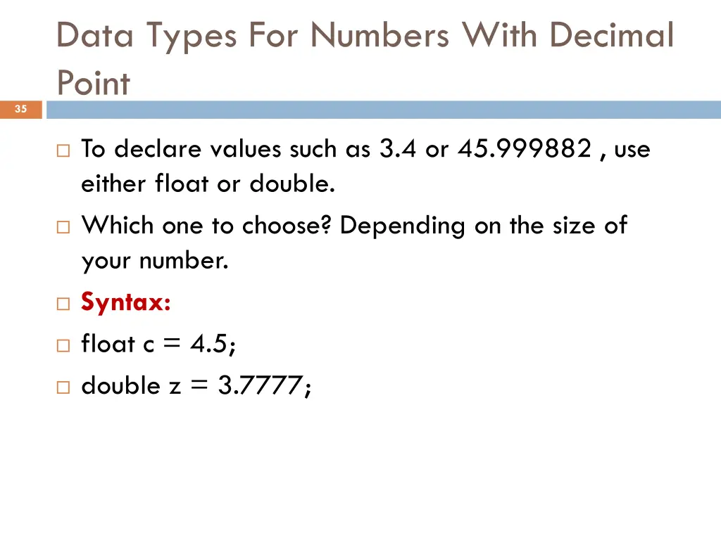data types for numbers with decimal point