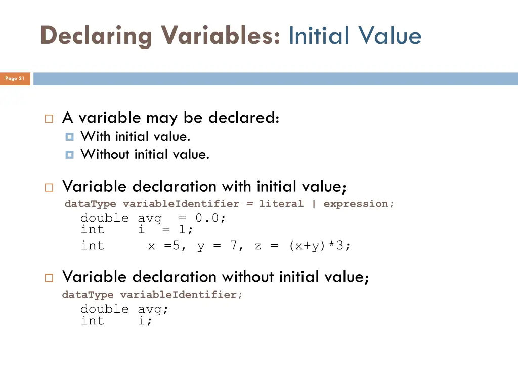 declaring variables initial value