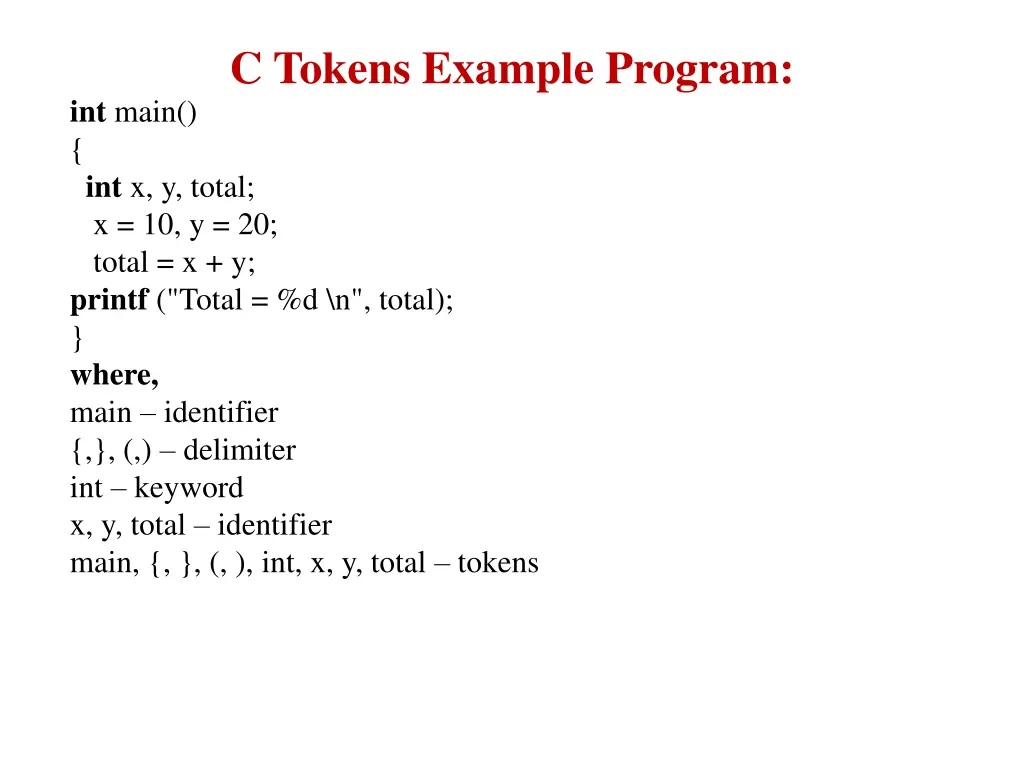 c tokens example program
