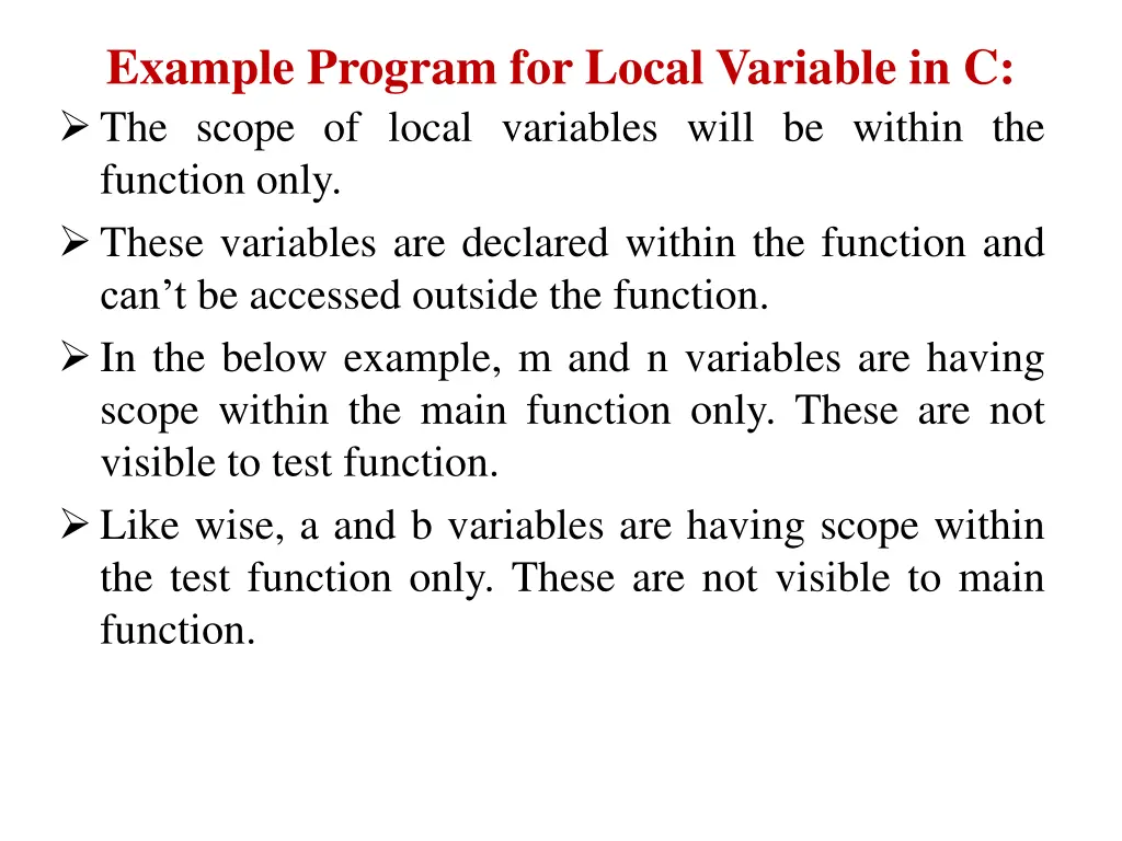 example program for local variable in c the scope