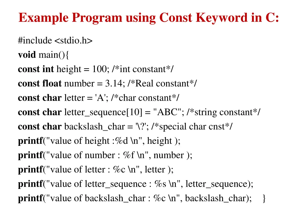 example program using const keyword in c