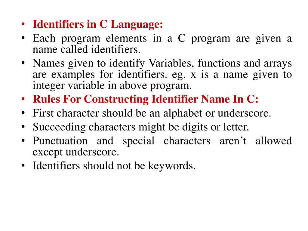 identifiers in c language each program elements