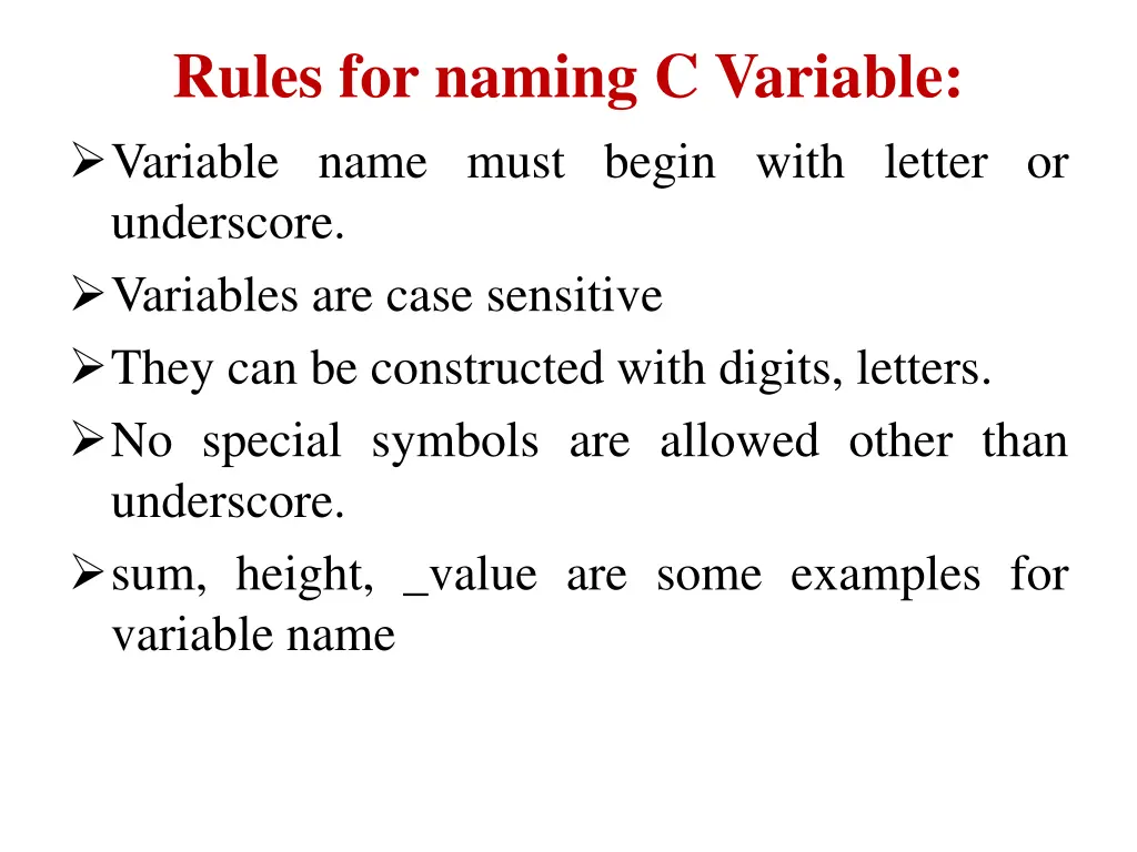 rules for naming c variable variable name must