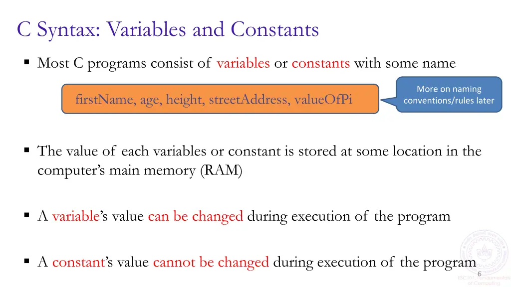 c syntax variables and constants