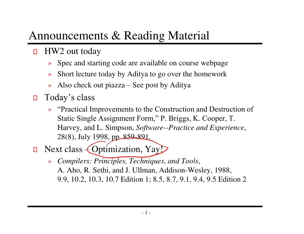 announcements reading material hw2 out today spec