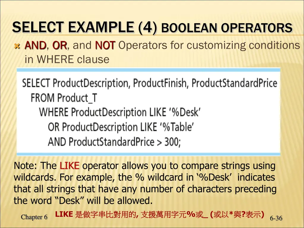 select example 4 boolean operators