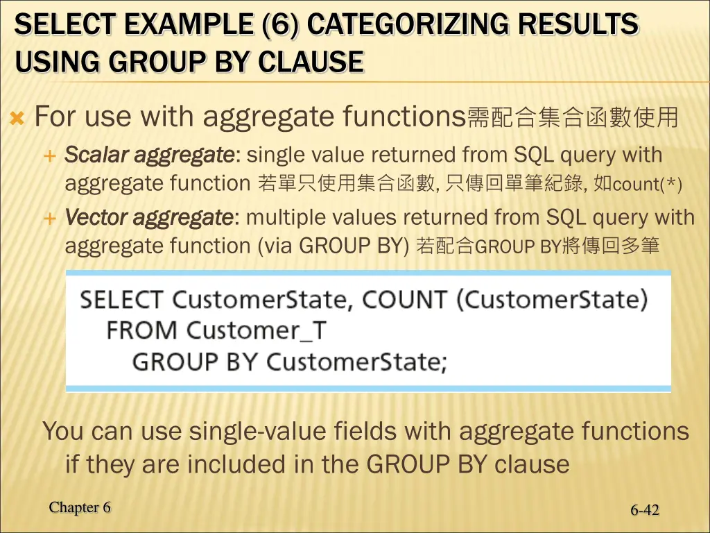 select example 6 categorizing results using group