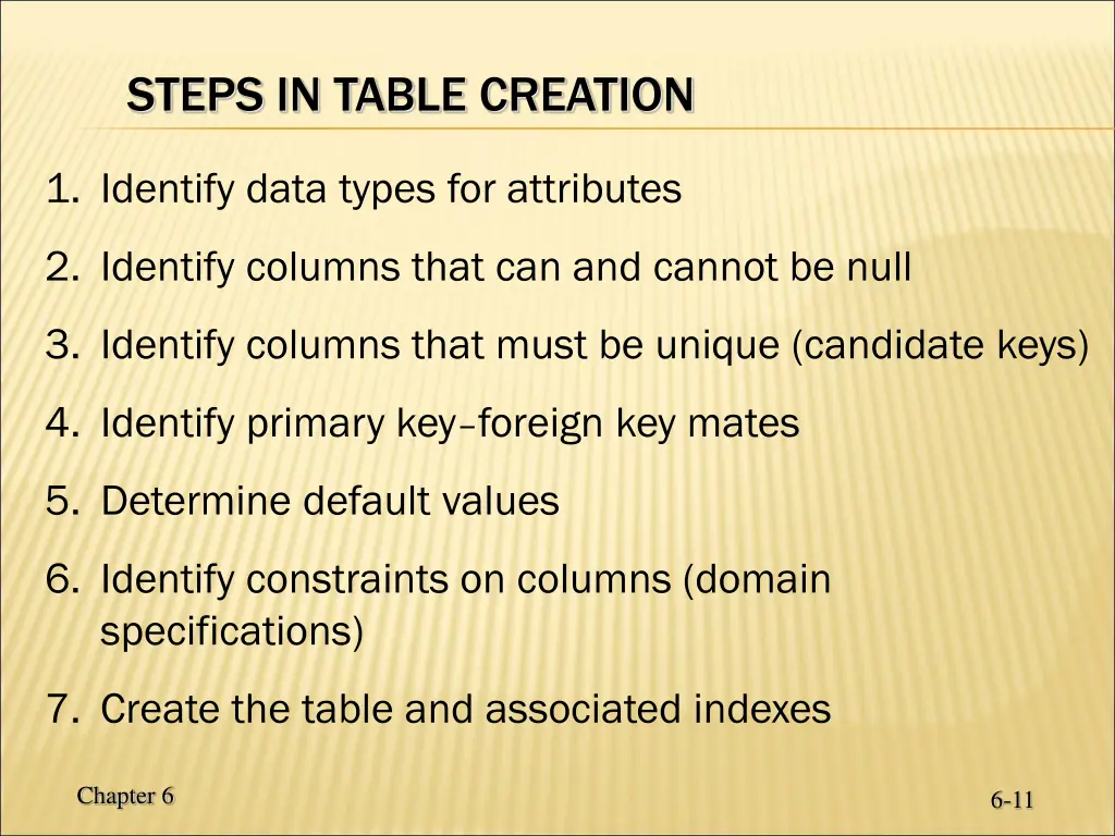 steps in table creation