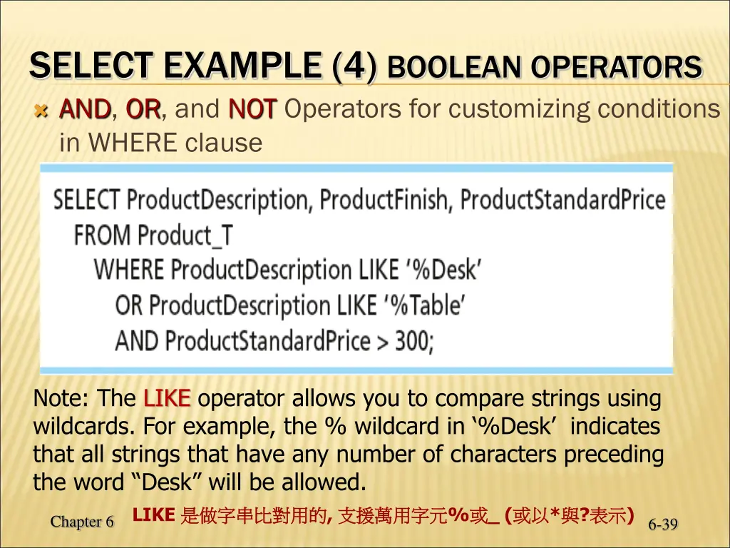 select example 4 boolean operators