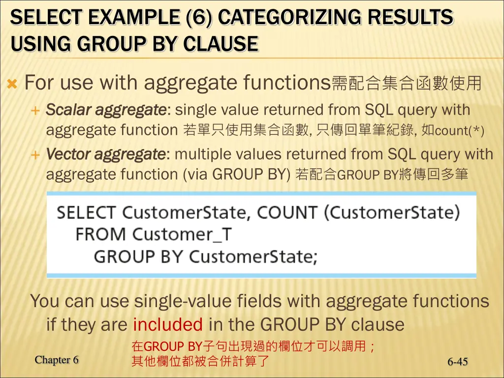 select example 6 categorizing results using group