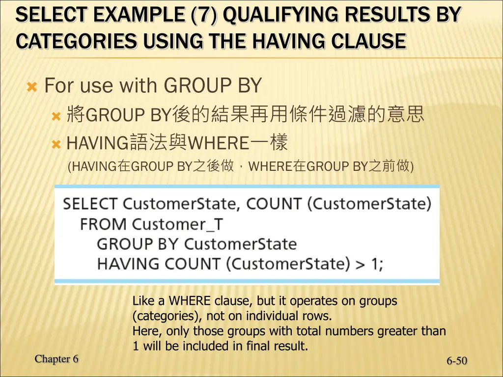 select example 7 qualifying results by categories