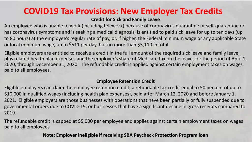 covid19 tax provisions new employer tax credits