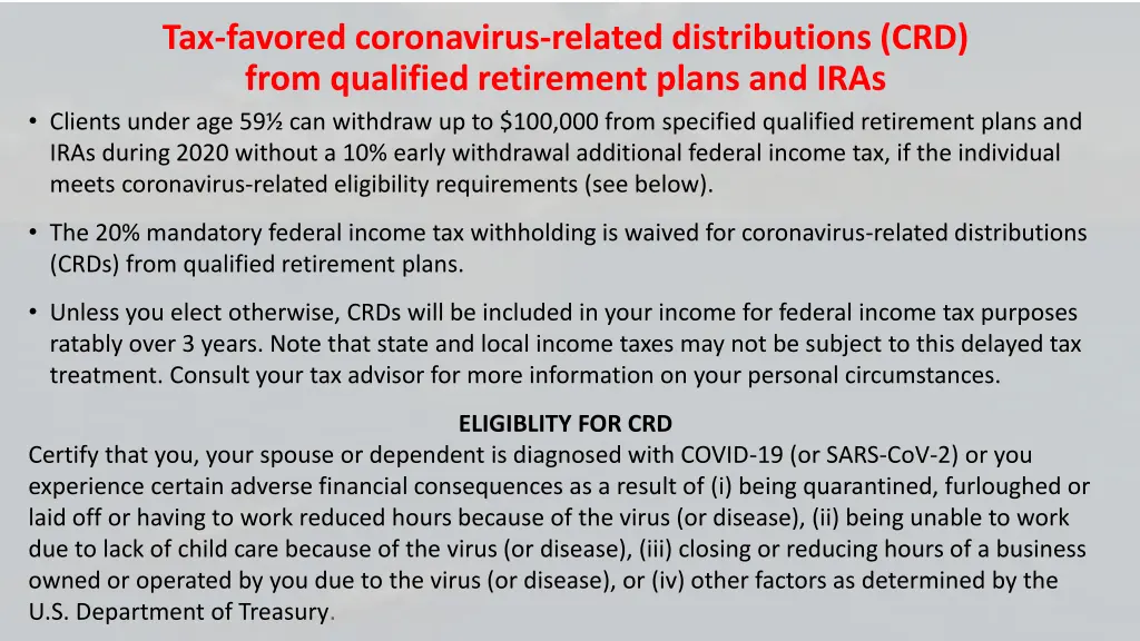 tax favored coronavirus related distributions
