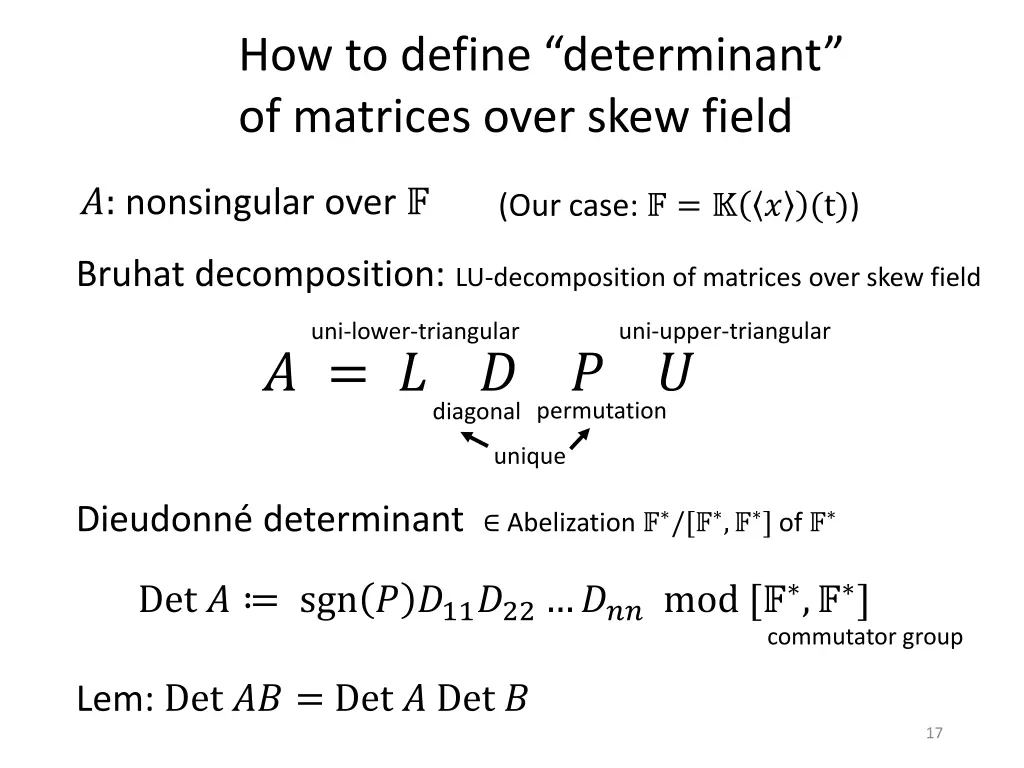 how to define determinant of matrices over skew