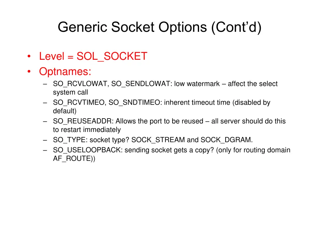 generic socket options cont d