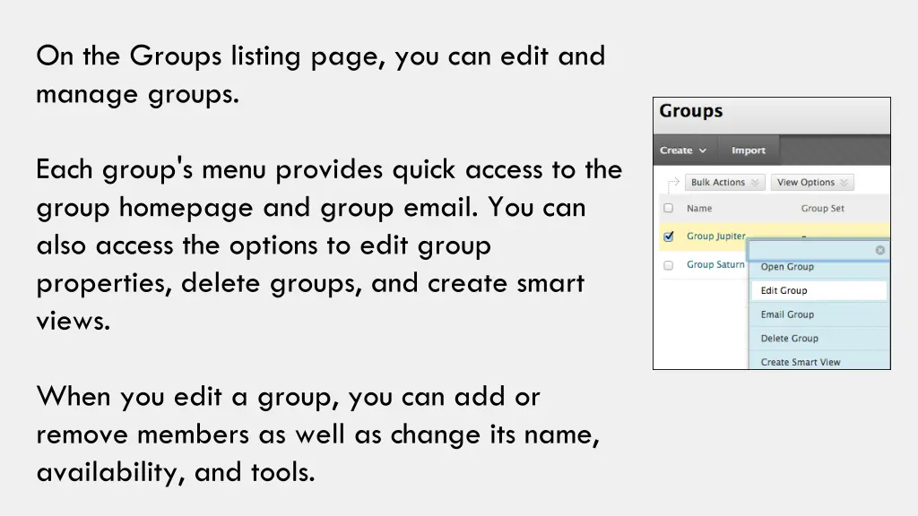 on the groups listing page you can edit