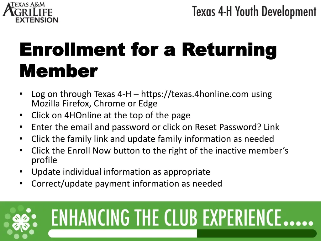 enrollment for a returning enrollment