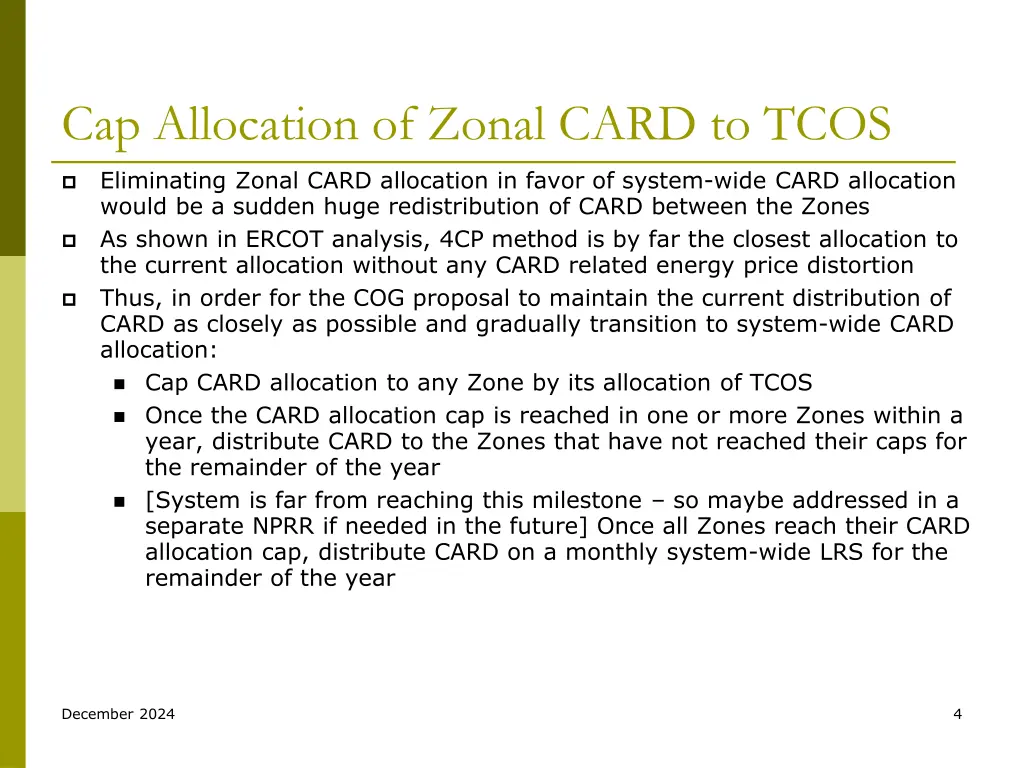cap allocation of zonal card to tcos
