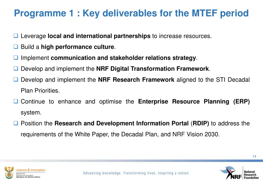 programme 1 key deliverables for the mtef period