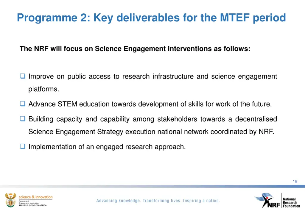 programme 2 key deliverables for the mtef period