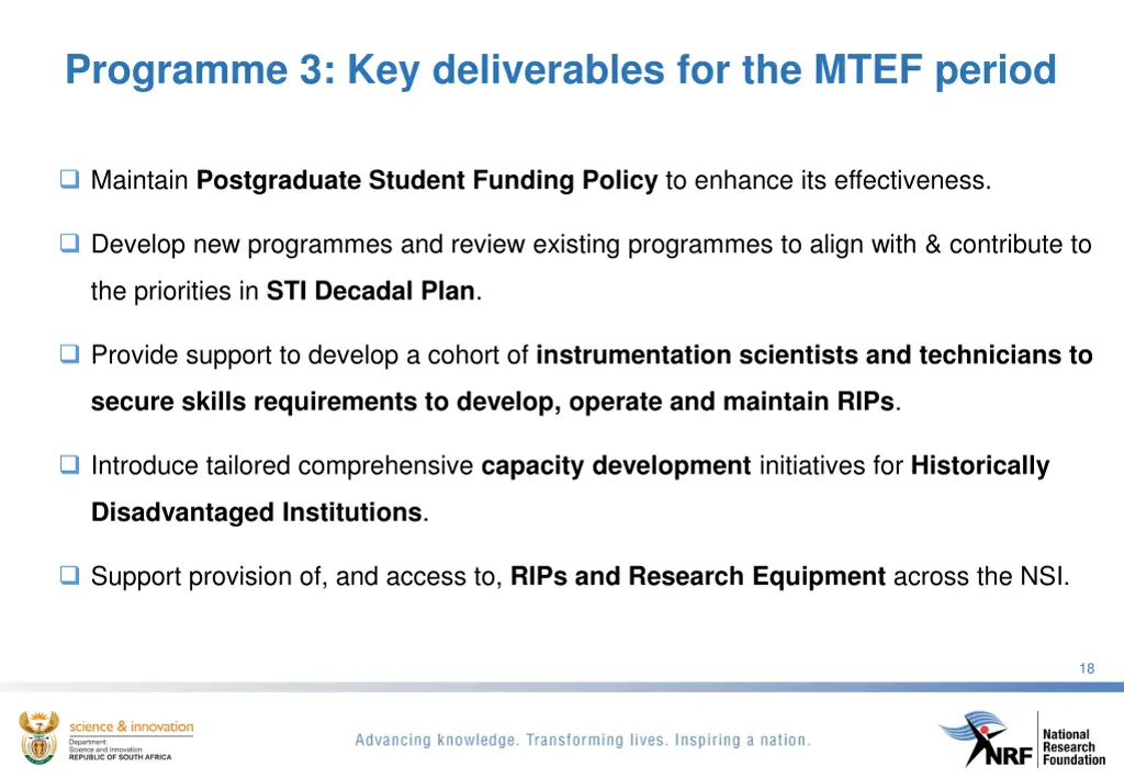 programme 3 key deliverables for the mtef period