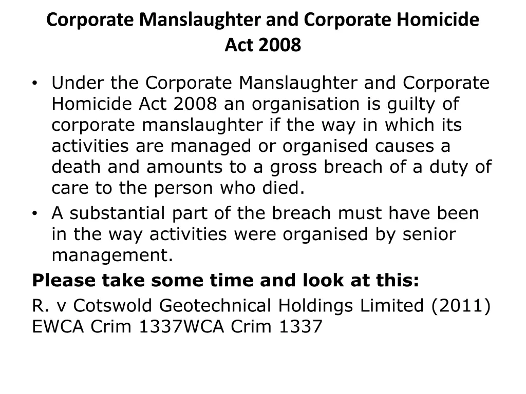 corporate manslaughter and corporate homicide