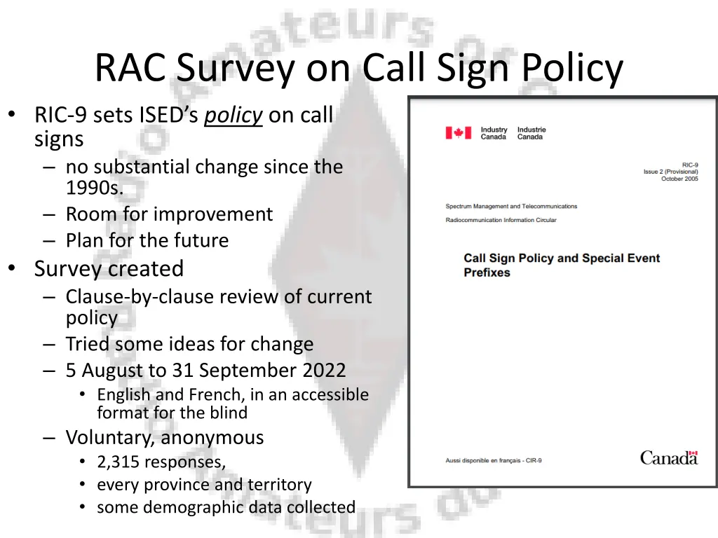 rac survey on call sign policy ric 9 sets ised