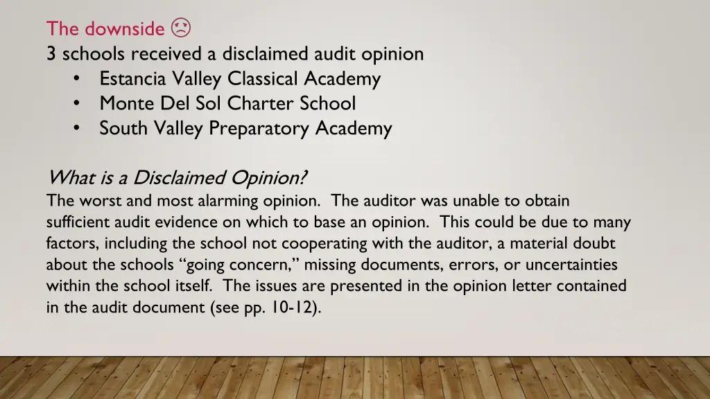 the downside 3 schools received a disclaimed