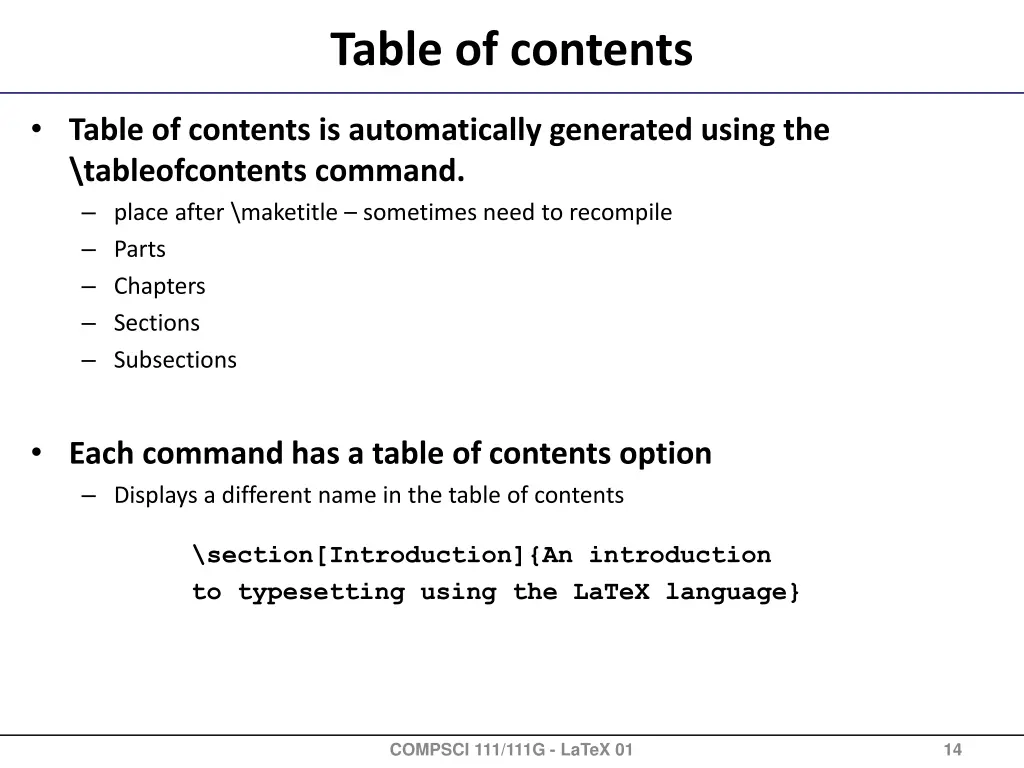 table of contents