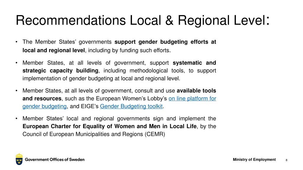 recommendations local regional level